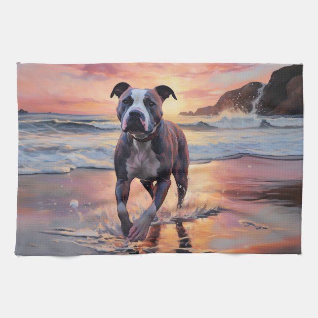 Sandy American Staffordshire Dog on Beach Sunset Tea Towel (Horizontal)