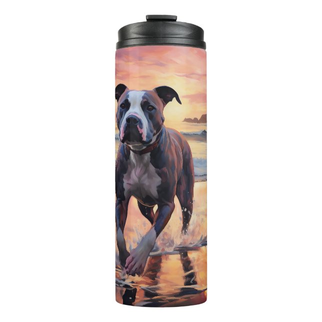 Sandy American Staffordshire Dog on Beach Sunset Thermal Tumbler (Front)