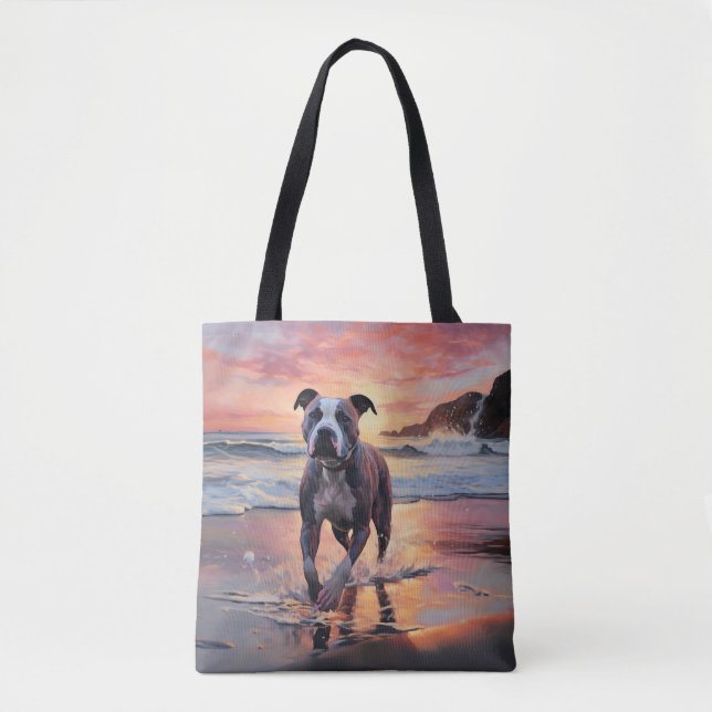 Sandy American Staffordshire Dog on Beach Sunset Tote Bag (Front)