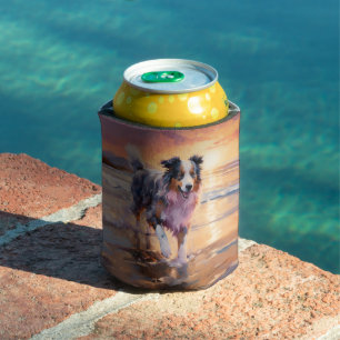 Sandy Australian Shepherd Dog on Beach Sunset  Can Cooler