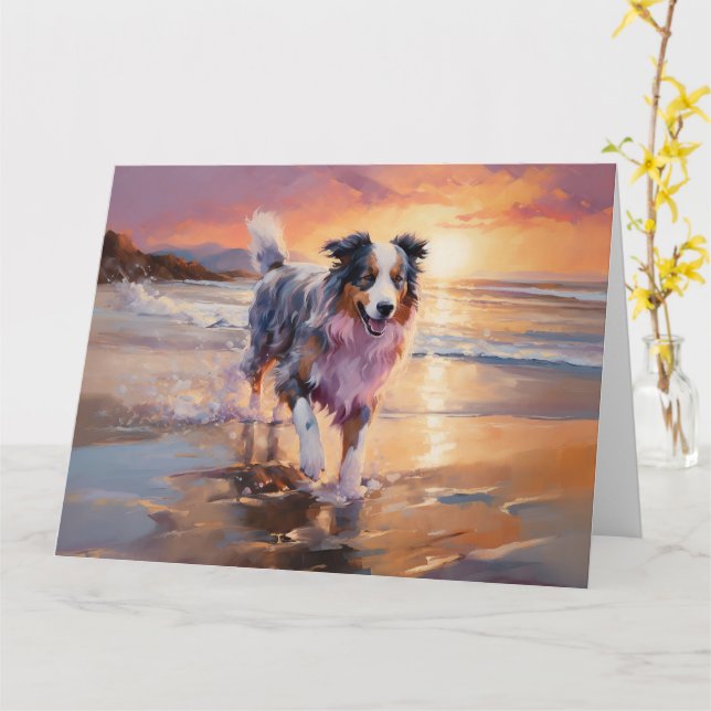 Sandy Australian Shepherd Dog on Beach Sunset  Card (Yellow Flower)