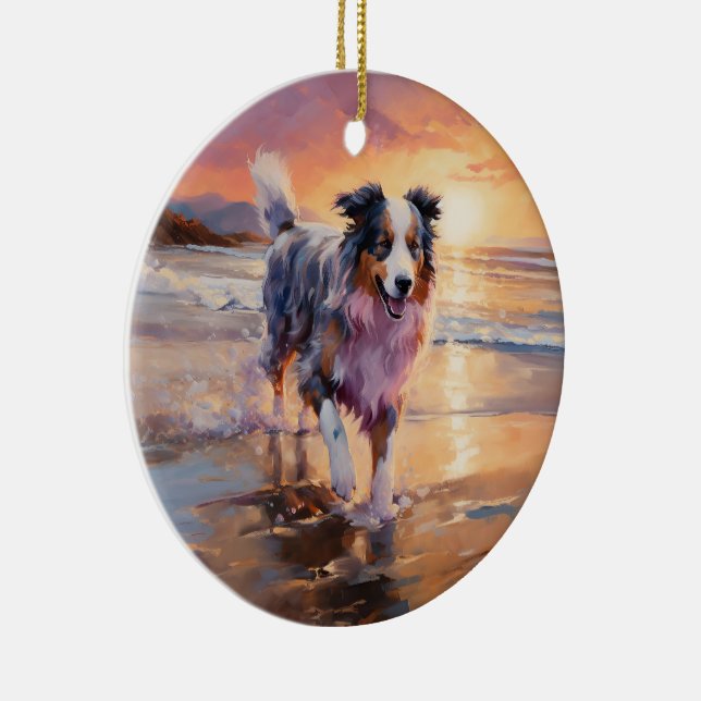 Sandy Australian Shepherd Dog on Beach Sunset  Ceramic Tree Decoration (Right)