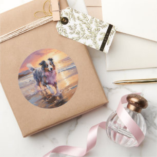 Sandy Australian Shepherd Dog on Beach Sunset  Classic Round Sticker