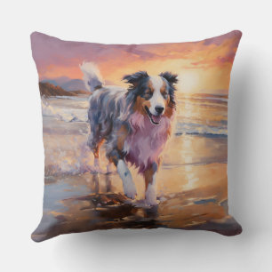 Sandy Australian Shepherd Dog on Beach Sunset  Cushion