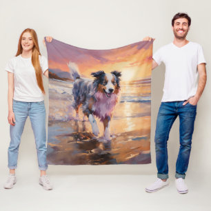 Sandy Australian Shepherd Dog on Beach Sunset  Fleece Blanket