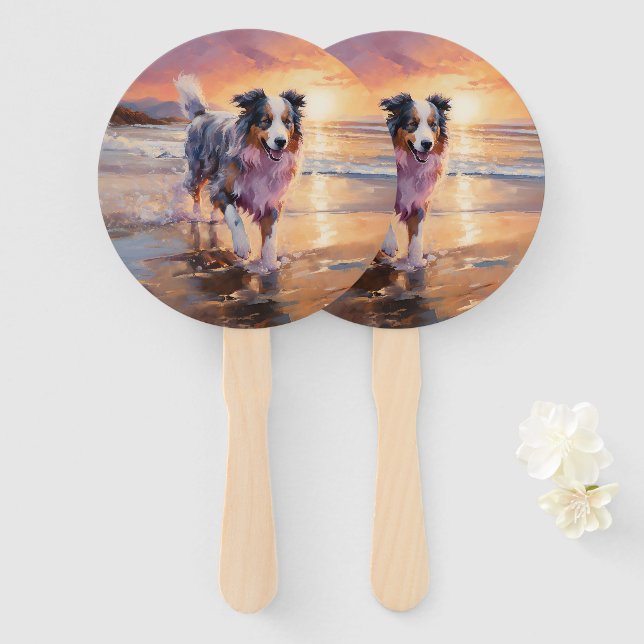 Sandy Australian Shepherd Dog on Beach Sunset  Hand Fan (Front and Back)