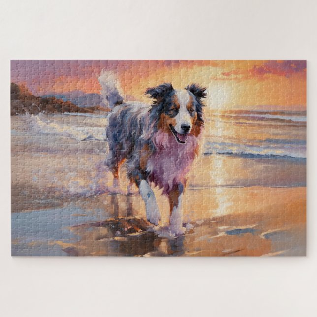 Sandy Australian Shepherd Dog on Beach Sunset  Jigsaw Puzzle (Horizontal)