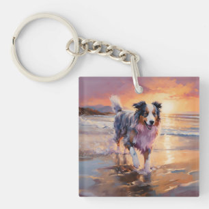 Sandy Australian Shepherd Dog on Beach Sunset  Key Ring