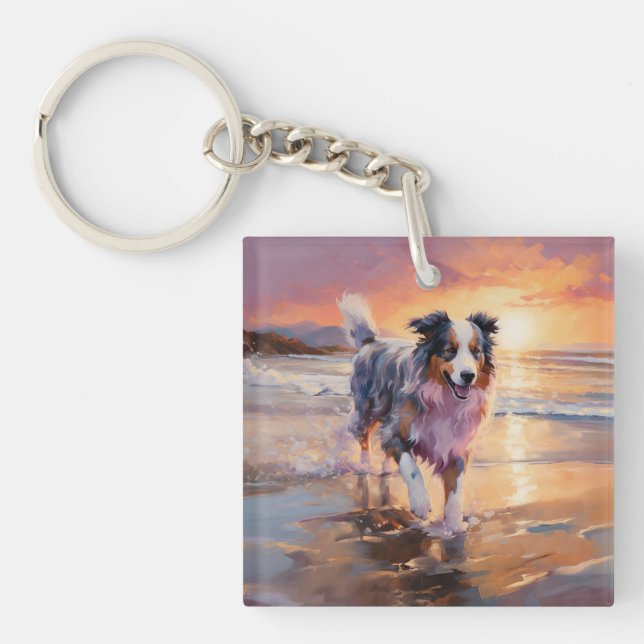 Sandy Australian Shepherd Dog on Beach Sunset  Key Ring (Front)