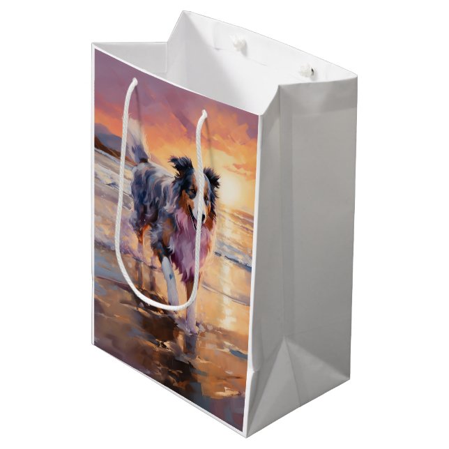 Sandy Australian Shepherd Dog on Beach Sunset  Medium Gift Bag (Front Angled)