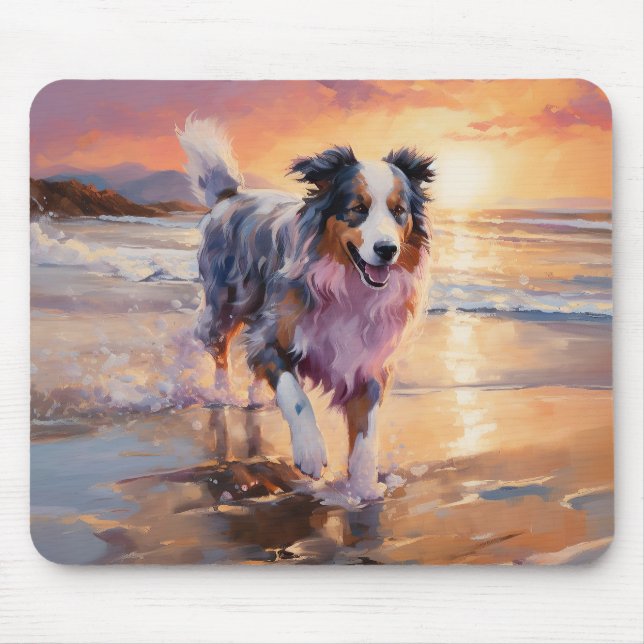 Sandy Australian Shepherd Dog on Beach Sunset  Mouse Mat (Front)