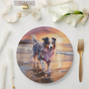 Sandy Australian Shepherd Dog on Beach Sunset Paper Plate