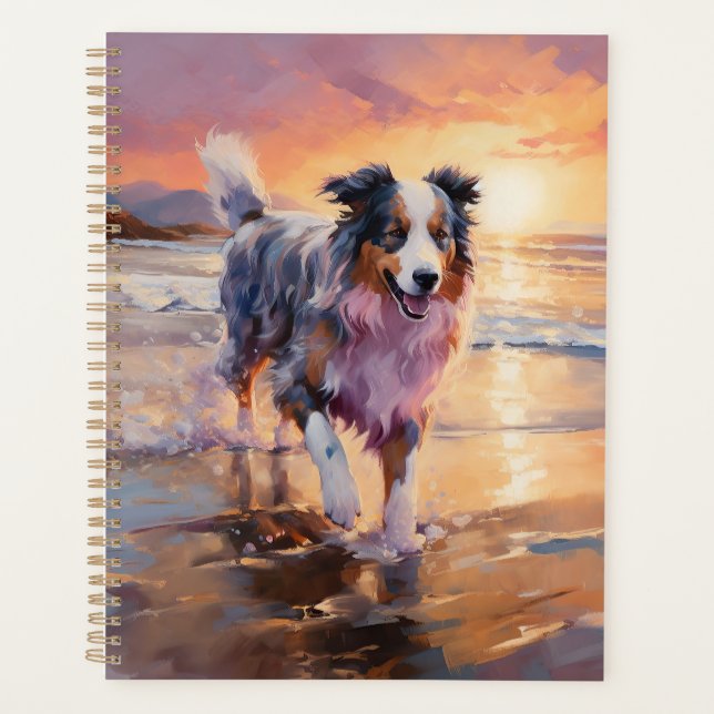 Sandy Australian Shepherd Dog on Beach Sunset  Planner (Front)