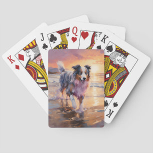 Sandy Australian Shepherd Dog on Beach Sunset  Playing Cards