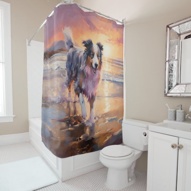 Sandy Australian Shepherd Dog on Beach Sunset  Shower Curtain (In Situ)