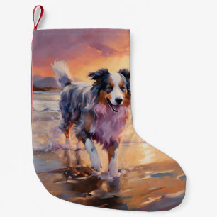 Sandy Australian Shepherd Dog on Beach Sunset Small Christmas Stocking