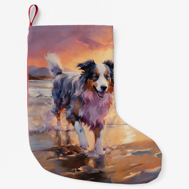 Sandy Australian Shepherd Dog on Beach Sunset  Small Christmas Stocking (Front)