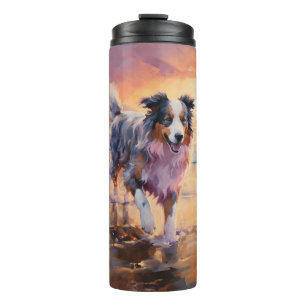 Sandy Australian Shepherd Dog on Beach Sunset  Thermal Tumbler