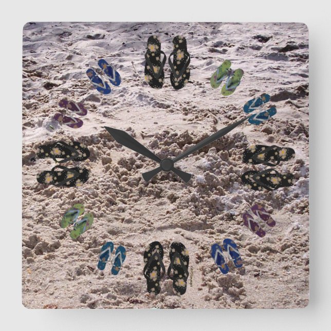 Sandy Beach and Flip Flops Square Wall Clock (Front)