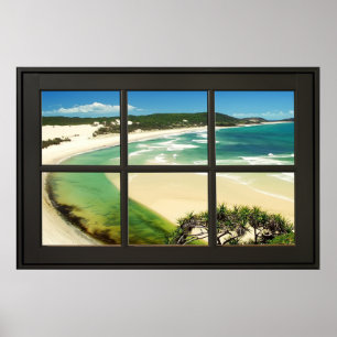 Sandy Beach Black Frame Faux Window Illusion Poster