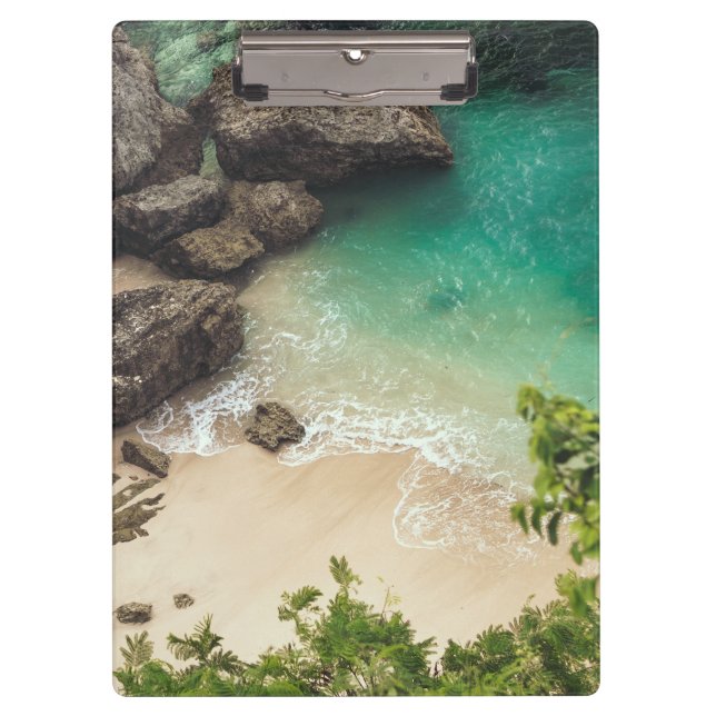 Sandy Beach Cove with Green Trees, Rocks & Ocean Clipboard (Front)