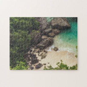 Sandy Beach Cove with Green Trees, Rocks & Ocean Jigsaw Puzzle