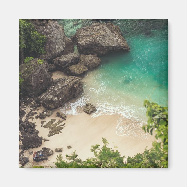 Sandy Beach Cove with Green Trees, Rocks & Ocean Magnet (Front)