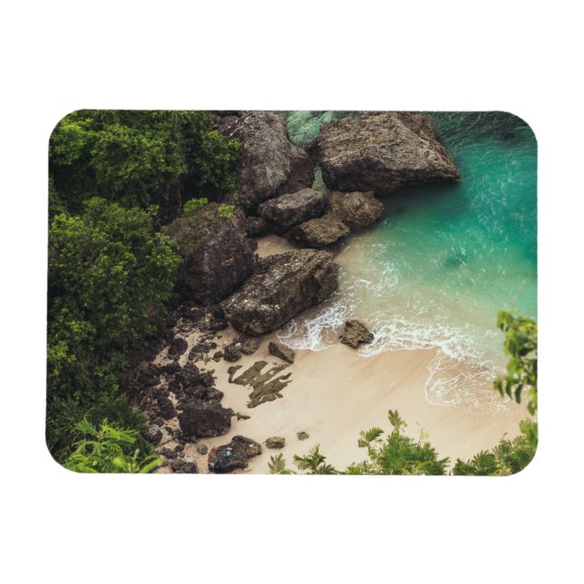Sandy Beach Cove with Green Trees, Rocks & Ocean Magnet (Horizontal)