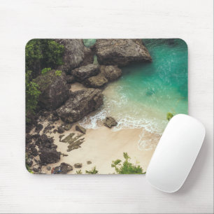 Sandy Beach Cove with Green Trees, Rocks & Ocean Mouse Mat