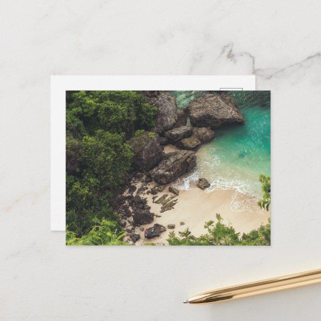 Sandy Beach Cove with Green Trees, Rocks & Ocean Postcard (Front/Back In Situ)