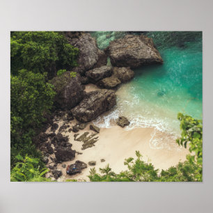 Sandy Beach Cove with Green Trees, Rocks & Ocean Poster