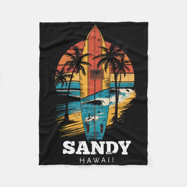 Sandy Beach Hawaii Surfboard Surfing Retro  Fleece Blanket (Front)