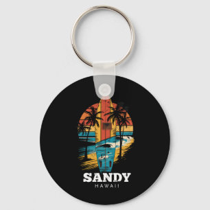 Sandy Beach Hawaii Surfboard Surfing Retro Key Ring
