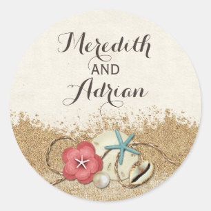 Sandy Beach Hibiscus & Shells Wedding Personalised Classic Round Sticker