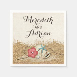 Sandy Beach Hibiscus & Shells Wedding Personalised Napkin