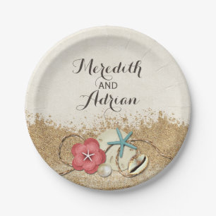 Sandy Beach Hibiscus & Shells Wedding Personalised Paper Plate