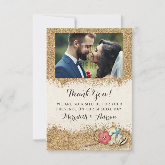 Sandy Beach Hibiscus Wedding Thank You Photo Card (Front)