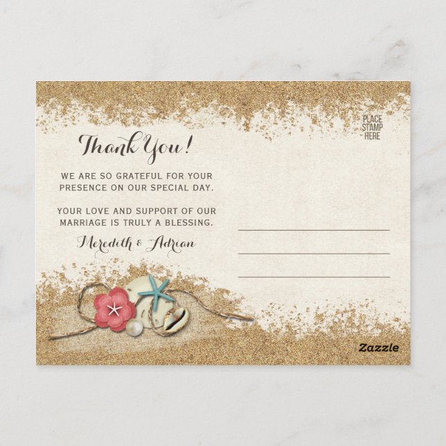 Sandy Beach Hibiscus Wedding Thank You Photo Postcard (Back)
