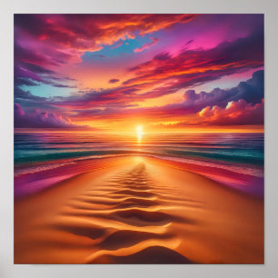 Sandy Beach Leading to a Vibrant Sunset Poster