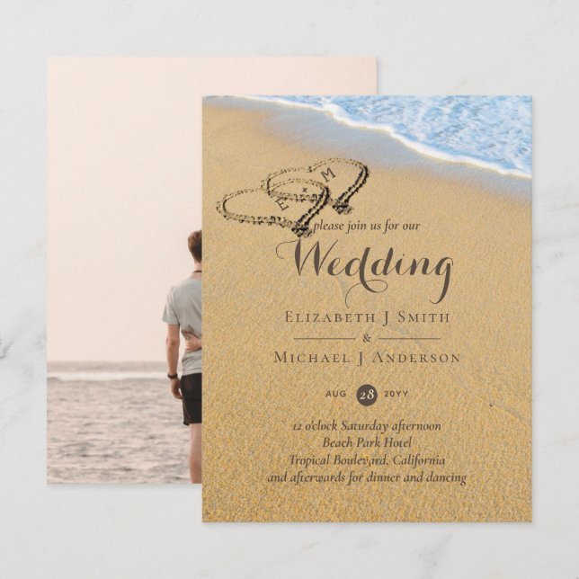 Sandy Beach Names in Sand Hearts Ocean Wedding  Invitation (Front/Back)
