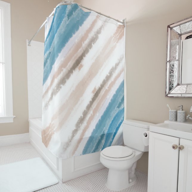 Sandy Beach Ocean Waves Abstract Watercolor Shower Curtain (In Situ)