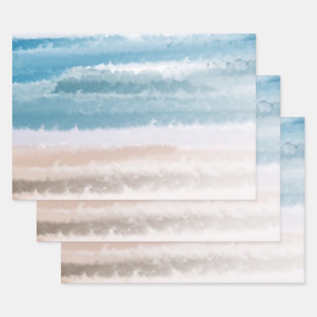 Sandy Beach Ocean Waves Abstract Watercolor Wrapping Paper Sheet (Set)