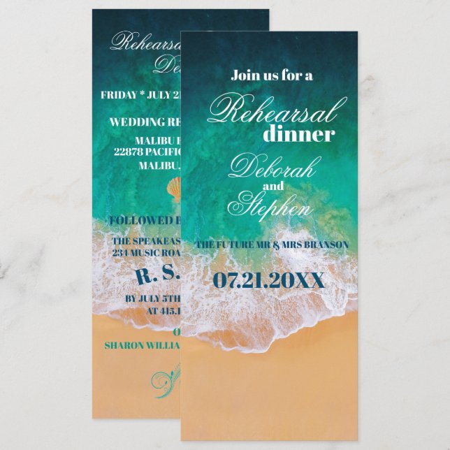 Sandy Beach Ocean Waves Rehearsal Dinner Invitation (Front/Back)