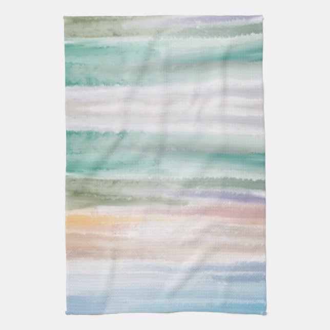 Sandy Beach Ocean Waves Sunset Abstract Watercolor Tea Towel (Vertical)