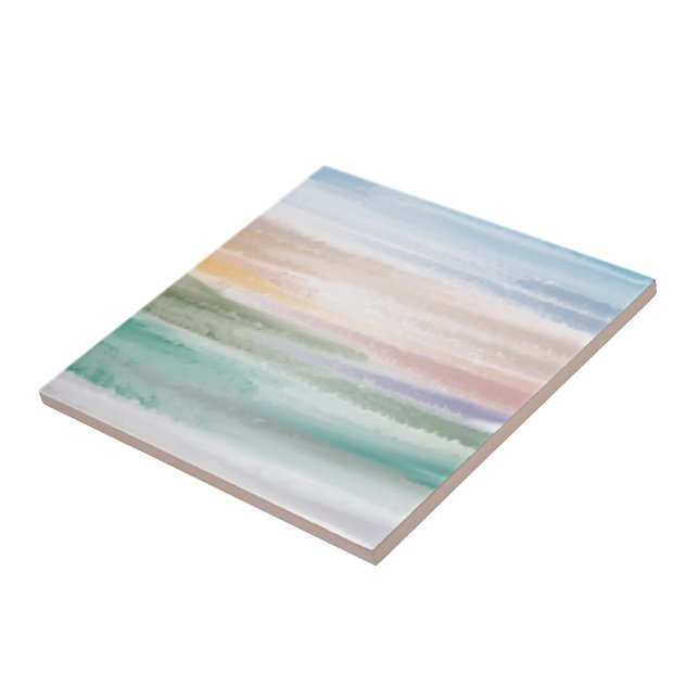 Sandy Beach Ocean Waves Sunset Abstract Watercolor Tile (Side)