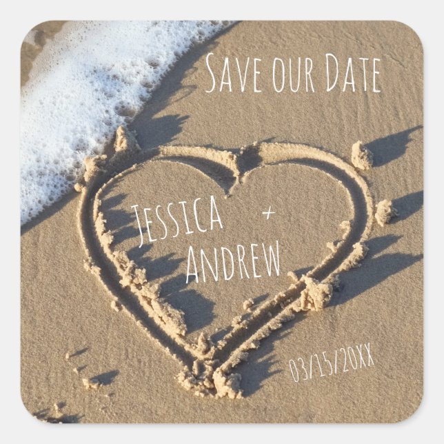 Sandy Beach Personalised Names Heart Save our Date Square Sticker (Front)