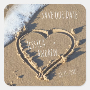 Sandy Beach Personalised Names Heart Save our Date Square Sticker