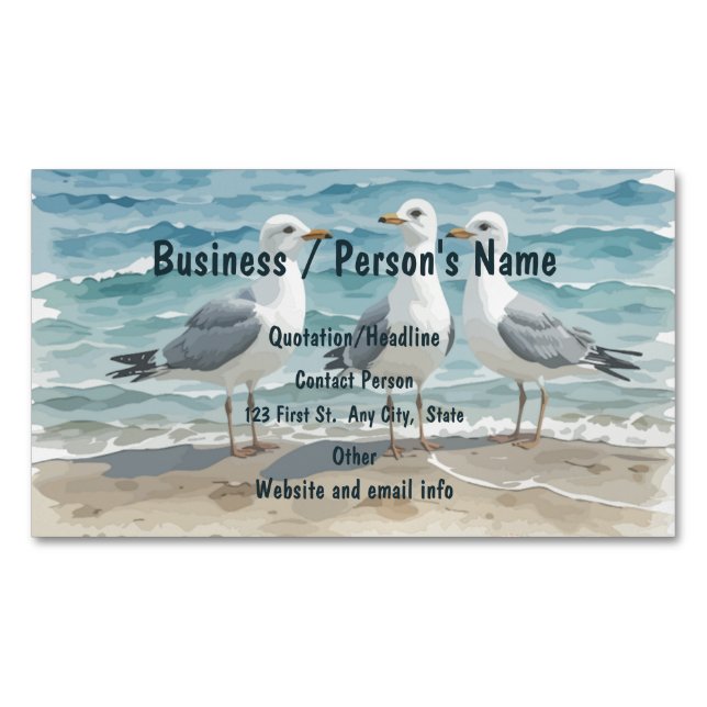 Sandy beach Seagulls Waves  Magnetic Business Card (Front)