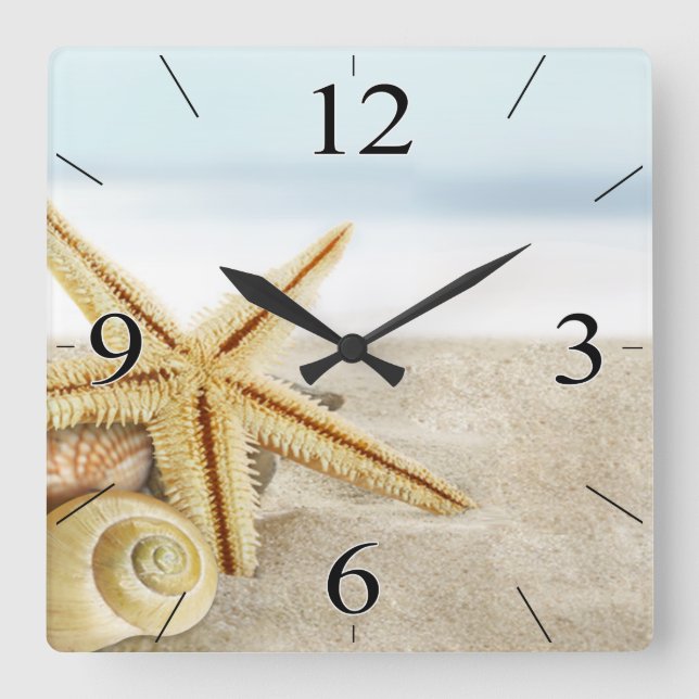 Sandy Beach Starfish Seashells Square Wall Clock (Front)
