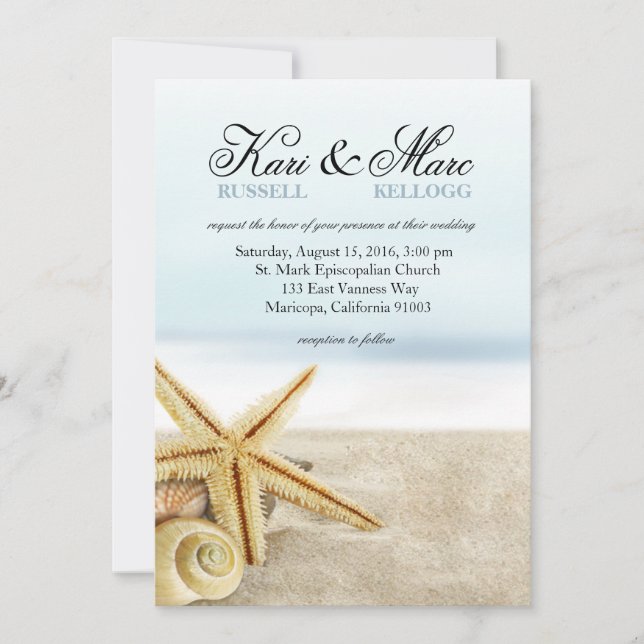 Sandy Beach Starfish Seashells Wedding Invitation (Front)